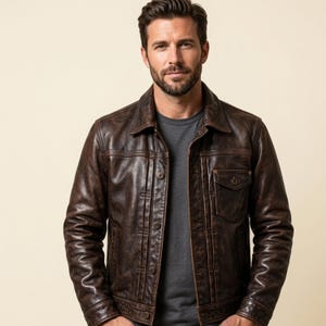 Men's Distressed Brown Leather Trucker Jacket – Rugged Heritage Style