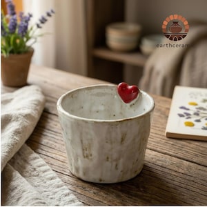 May include: A handcrafted, off-white ceramic cup with a textured finish and a small, red heart fixed to the rim. The cup sits on a wooden surface, evoking a rustic style. The earthceramic logo is visible.