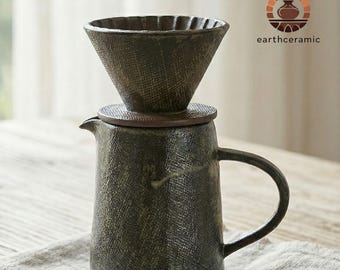 Handgemaakte keramische V60 koffiedruppelserverset, donkergroen glazuur voor over koffiezetapparaat