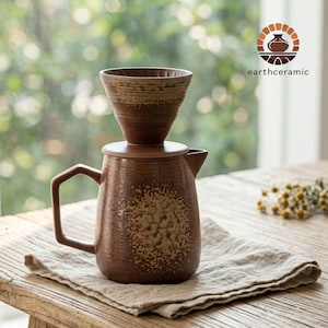 Vintage Ceramic Coffee Dripper and 620ml Pot Set, Handmade Rustic Pour Over Brewer, Natural Stoneware Coffee Gift