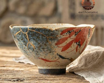Handgemachte japanische Keramik Teetasse: Wabi Sabi Kintsugi Floral Pottery Mug