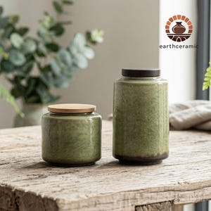 Japanese Ceramic Tea Caddy Handmade, Wabi Sabi Green Moss Matcha Jar with Wooden Lid, Zen Tea Leaf Storage Pottery Gift