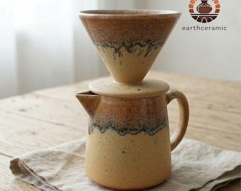 Juego de café de cerámica hecho a mano con taza y gotero, kit minimalista para preparar café, idea de regalo para amantes del café artesanal.