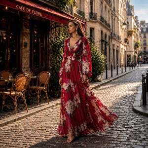 Elegante vestido largo de manga larga con escote en V y corte en A – Atuendo elegante para invitada de boda
