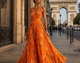 Vestido largo de mujer con estampado de tulipanes: vestido de noche de verano sin mangas con escote en V.
