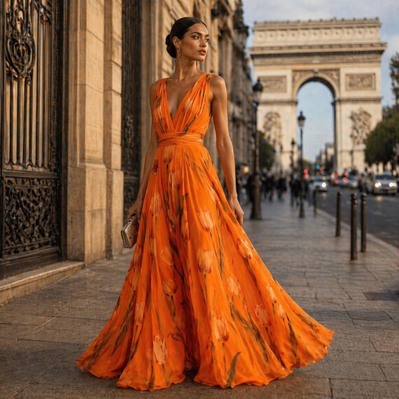 Women's Tulip Print Maxi Dress: Sleeveless V-Neck Summer Evening Gown