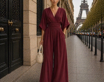 Elegant Linen Blend Jumpsuit: Wide Leg, V-Neck, Waist-Cinching Summer Outfit