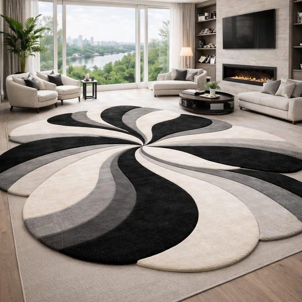 Luxuriöser abstrakter Wirbelteppich, moderner schwarz-grauer Creme-Teppich, Zeitgenössischer Wohnzimmerteppich, Designer-Bodenteppich, Luxushaus