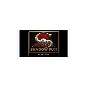 May include: A sticker featuring the words "SHADOW FUJI" and "AI ARTISAN" in a rectangular gold frame. The design includes a stylized mountain with a red sun and gold accents on a black background.