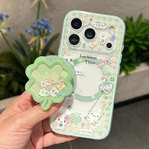 Cute Clover Lucky Animal MagSafe-telefoonhoesje met standaard, kawaii groen pastel doorzichtig iPhone-hoesje, beschermhoes voor iPhone 17 16 15 Pro Max
