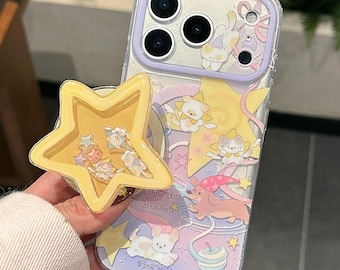 Niedliche Lila Stern Katze Hund MagSafe Handyhülle mit Ständer, Kawaii Cartoon iPhone Hülle, ästhetische Schutzhülle für iPhone 17 16 15 Pro Max