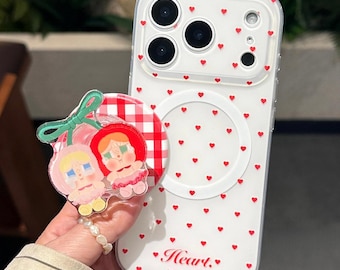 Niedliche Cherry Twins MagSafe Handyhülle mit Ständer, Rotes Herz Gingham durchsichtige iPhone Hülle, Kawaii Cartoon Schutzhülle für iPhone 17 Pro Max