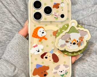 Süßer Welpe Shaker Magnetische Handyhülle mit Ständer | Kawaii Hund Magsafe Handyhülle für iPhone 17 16 Pro Max | Ästhetischer Polka Dot-Welpen-Handy-Griff