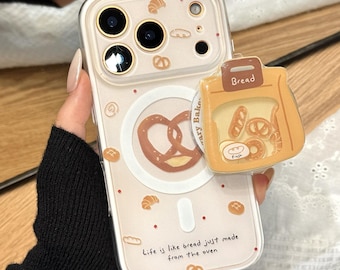 Süße Brot Tasche Magnetische Handyhülle mit Shakergriff | Bäckerei Bretzel MagSafe Tasche für iPhone 17 16 15 Pro Max | Ästhetischer Foodie Telefonständer