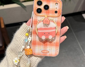 Niedliche Pfirsich Kuchen MagSafe Handyhülle mit Ständer, Kawaii Orange karierte iPhone Hülle mit Handschlaufe, Schutzhülle für iPhone 17 16 Pro Max