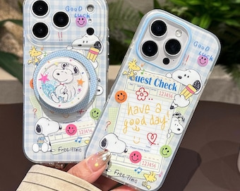 Süße Snoopy MagSafe Handyhülle mit Glitzerständer, karierte Kawaii Peanuts iPhone Hülle, Schutzhülle für iPhone 17 16 15 Pro Max