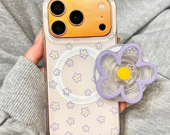 Süße magnetische Gänseblümchen Handyhülle mit drehbarem Blumengriff | Niedliche Magsafe Handyhülle für iPhone 17 16 Pro Max | Frühlingsblumen-Telefonständer