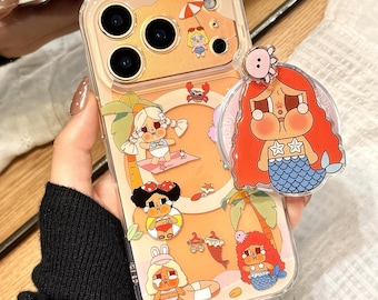 Süße magnetische Meerjungfrau Handyhülle mit Cartoon Griff, MagSafe Kompatibel, Sommer Strand Schutzhülle für iPhone 17 Pro Max, iPhone 16 Pro