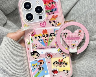Süße magnetische Powerpuff Girls Handyhülle mit Ringständer | Niedliche Cartoon MagSafe Handyhülle für iPhone 17 16 Pro Max | Rosa Herz-Handyhalter