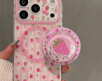 Niedliche Erdbeer Magnetische Handyhülle mit Glitter Shaker Griff, MagSafe Kompatibel, Schutzhülle für iPhone 17 Pro Max, iPhone 16 Pro Max