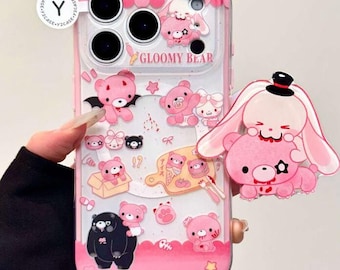 Düstere Bär Magsafe Handyhülle mit Hase Shaker Griff | Niedliche Y2K Pinke magnetische Hülle für iPhone 17 16 Pro Max | Anime Ästhetischer Telefonständer