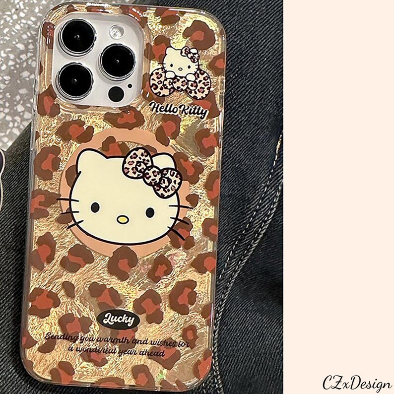 Cute Hello Kitty Leopard Print MagSafe Phone Case with Stand, Kawaii iPhone Case, Protective Cover for iPhone 17 Pro Max, iPhone 16 Pro Max MagSafe Case Only