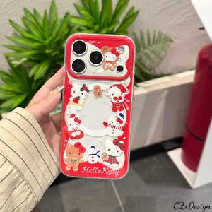 Cute Hello Kitty Christmas MagSafe Phone Case with Stand, Kawaii Red Clear iPhone Case with Charm, Protective Cover for iPhone 17 16 Pro Max MagSafe Case Only