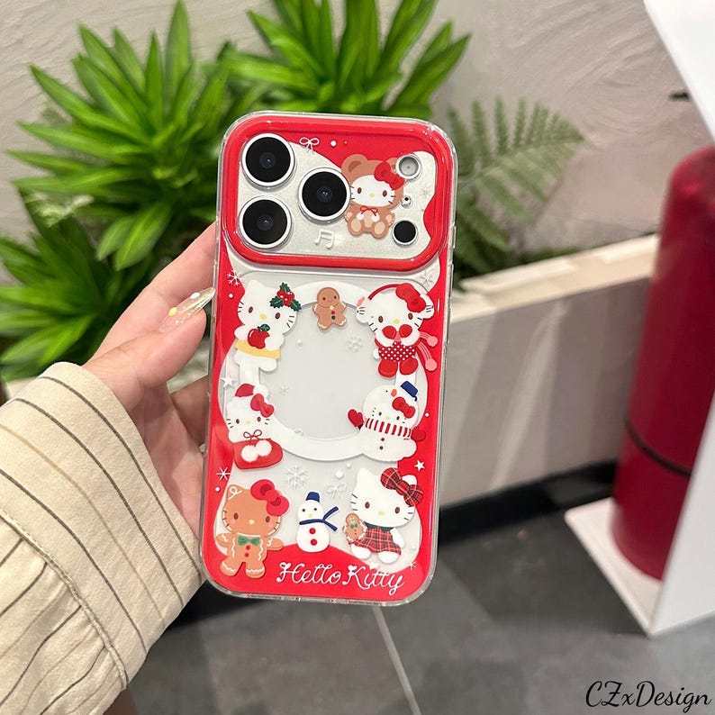 Cute Hello Kitty Christmas MagSafe Phone Case with Stand, Kawaii Red Clear iPhone Case with Charm, Protective Cover for iPhone 17 16 Pro Max MagSafe Case Only