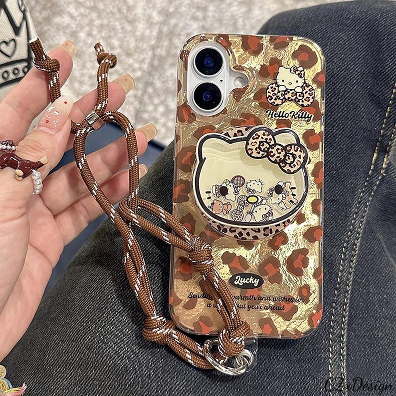 Cute Hello Kitty Leopard Print MagSafe Phone Case with Stand, Kawaii iPhone Case, Protective Cover for iPhone 17 Pro Max, iPhone 16 Pro Max Case + Grip + Charm