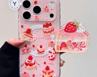 Erdbeerkuchen Magnetische Handyhülle mit Shaker | Niedliche Rosa MagSafe Hülle für iPhone 17 16 15 14 Pro Max | Kawaii Dessert Telefonständer