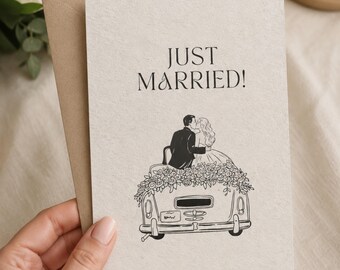 Just Married-kaartsjabloon | Oldtimer-huwelijksgroet (digitale download)