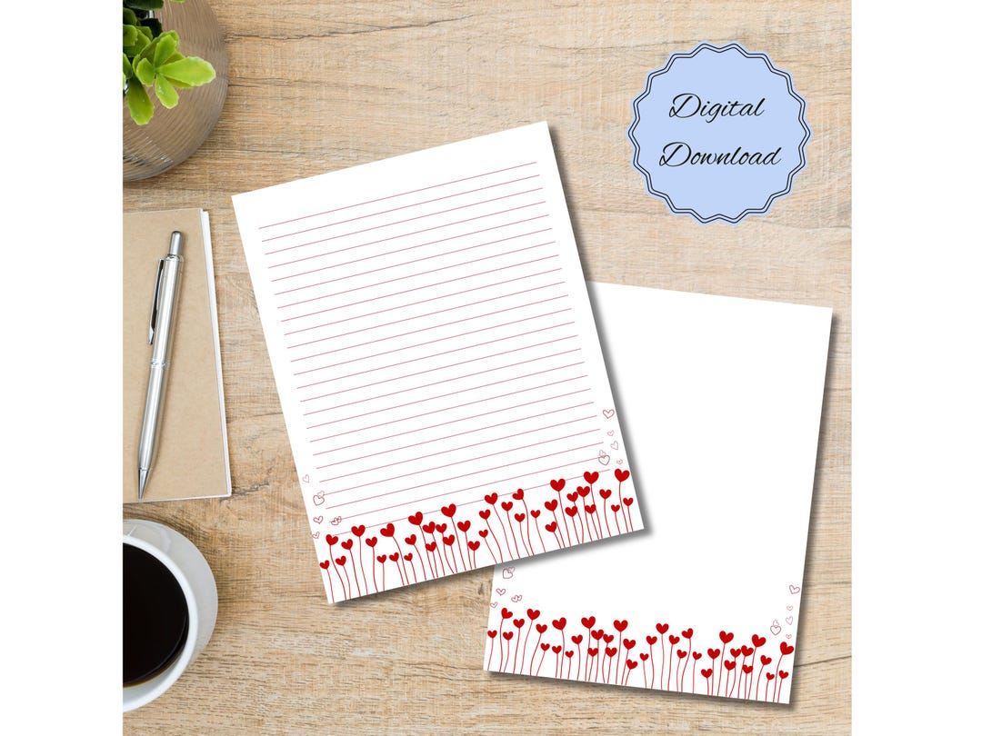 Love Themed Printable Writing Paper, Lined and Unlined Stationery Notes ...