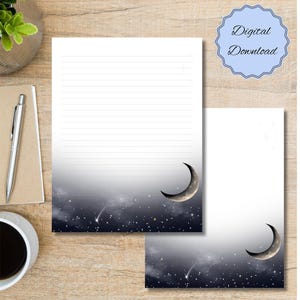Puede incluir: Dos hojas de papelería con un diseño celestial. El diseño presenta una luna creciente, estrellas y una estrella fugaz sobre un fondo degradado. La hoja superior está rayada. Un círculo azul claro con las palabras "Digital Download" está en la esquina superior derecha.