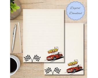 Carta da lettere con motivo auto d'epoca, a righe e senza righe (download digitale)