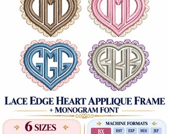 Heart Applique Monogram Font, Lace Edge Heart Frame Embroidery Design, Initial Letter Set