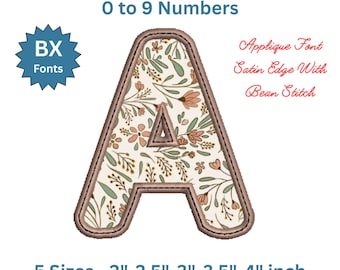Satin Edge with Bean Stitch Applique Font | Alphabet A-Z & 0-9 | Embroidery Font | Machine Embroidery Letters | BX + 8 Formats | 5 Sizes