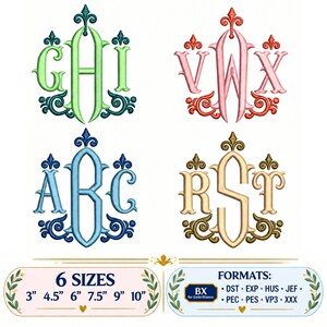Puede incluir: Cuatro conjuntos de letras de monograma bordadas en verde, rosa, azul y dorado, cada una con adornos y detalles de flor de lis. Debajo, el texto indica 6 tamaños de 3 a 10 pulgadas y formatos de archivo como DST, EXP, HUS, JEF, PEC, PES, VP3 y XXX.