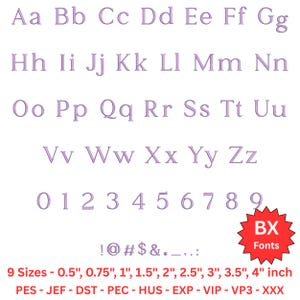 May include: A lilac-colored alphabet and number set, including uppercase and lowercase letters, numbers 0-9, and symbols. The image also includes the text "BX Fonts" and size information ranging from 0.5 to 4 inches.