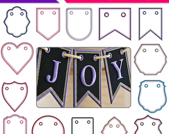 16 Party Bunting Embroidery Designs Set, Decorative Stitch Tag Shapes, In The Hoop Banner Flags, Applique Tag Designs, 3 Sizes 3-4-5 Inch