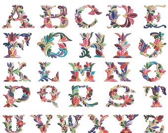 Floral Monogram Alphabet Embroidery Design Set | A-Z Uppercase Letters | Vintage Floral Letter Font | Machine Embroidery Alphabet