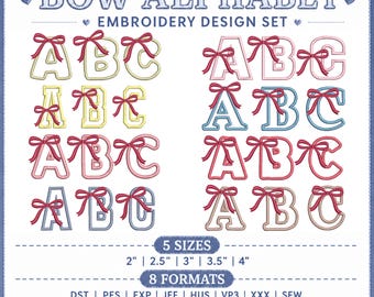 Bow Alphabet Embroidery Design Set | 8 Applique Font Bundle | A-Z & 0-9 | 5 Sizes 2-4 Inch | Machine Embroidery Font | BX + 8 Formats