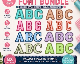 Applique Embroidery Font Bundle BX, 8 Applique Fonts Pack, Machine Embroidery Alphabet, Pes Dst Jef Exp Hus Vp3 Xxx, Applique Letters Set