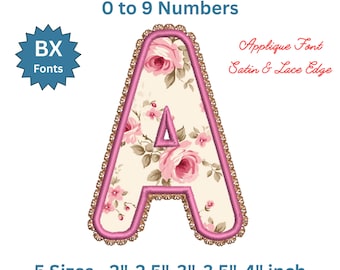 Satin & Lace Edge Applique Font | Alphabet A-Z and 0-9 | Embroidery Font | Machine Embroidery Letters | BX + 8 Formats | 5 Sizes