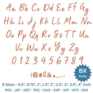 May include: A complete alphabet and number set in a handwritten style, displayed in a warm orange hue. Includes uppercase and lowercase letters, numbers 0-9, and special characters. The image also shows the font sizes and file types.