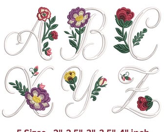 Floral Alphabet Embroidery Font | Flower Monogram Letters A-Z | Vintage Floral Letter Set | Machine Embroidery Design | 5 Sizes