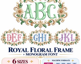 Royal Floral Frame Monogram Font Embroidery Design, Elegant Letter Frame