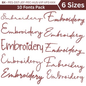 Paket med 10 broderitypsnitt, kursivt broderialfabet och siffror, 6 storlekar från 1-3,5 tum, BX + 8 format, set med vardagstypsnitt