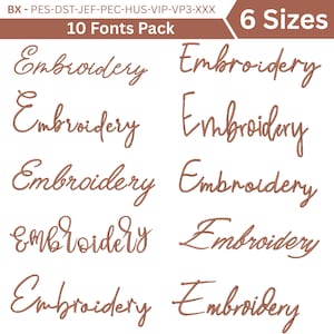 May include: A collection of embroidery fonts in a copper color, arranged in rows on a white background. The text "Embroidery" is displayed in various cursive styles. The image includes the text "10 Fonts Pack" and "6 Sizes".