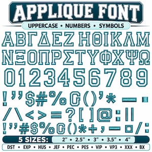 Pode incluir: Um conjunto de fontes de aplique de bordado com letras maiúsculas gregas, números 0-9 e vários símbolos em verde-azulado com contornos brancos. O texto inclui APPLIQUE FONT, UPPERCASE, NUMBERS, SYMBOLS e 5 SIZES: 2", 2.5", 3", 3.5", 4".