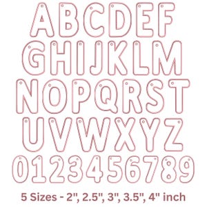 May include: A set of pink metal alphabet letters from A to Z and numbers from 0 to 9, each featuring a small circular hole at the top for hanging. The text at the bottom indicates five available sizes: 2 inches, 2.5 inches, 3 inches, 3.5 inches, and 4 inches.